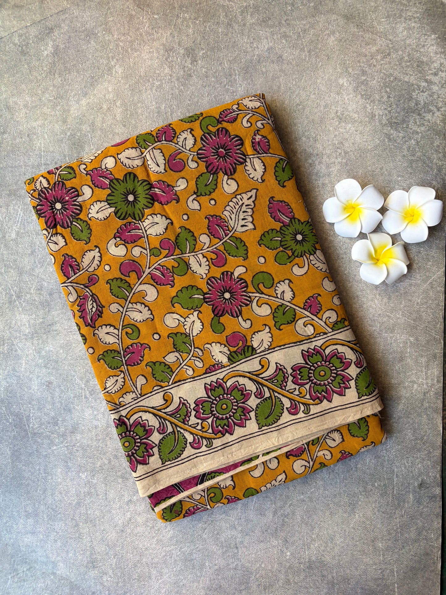 Kalamkari Printed Cotton Saree Mustard Yellow | TLL413