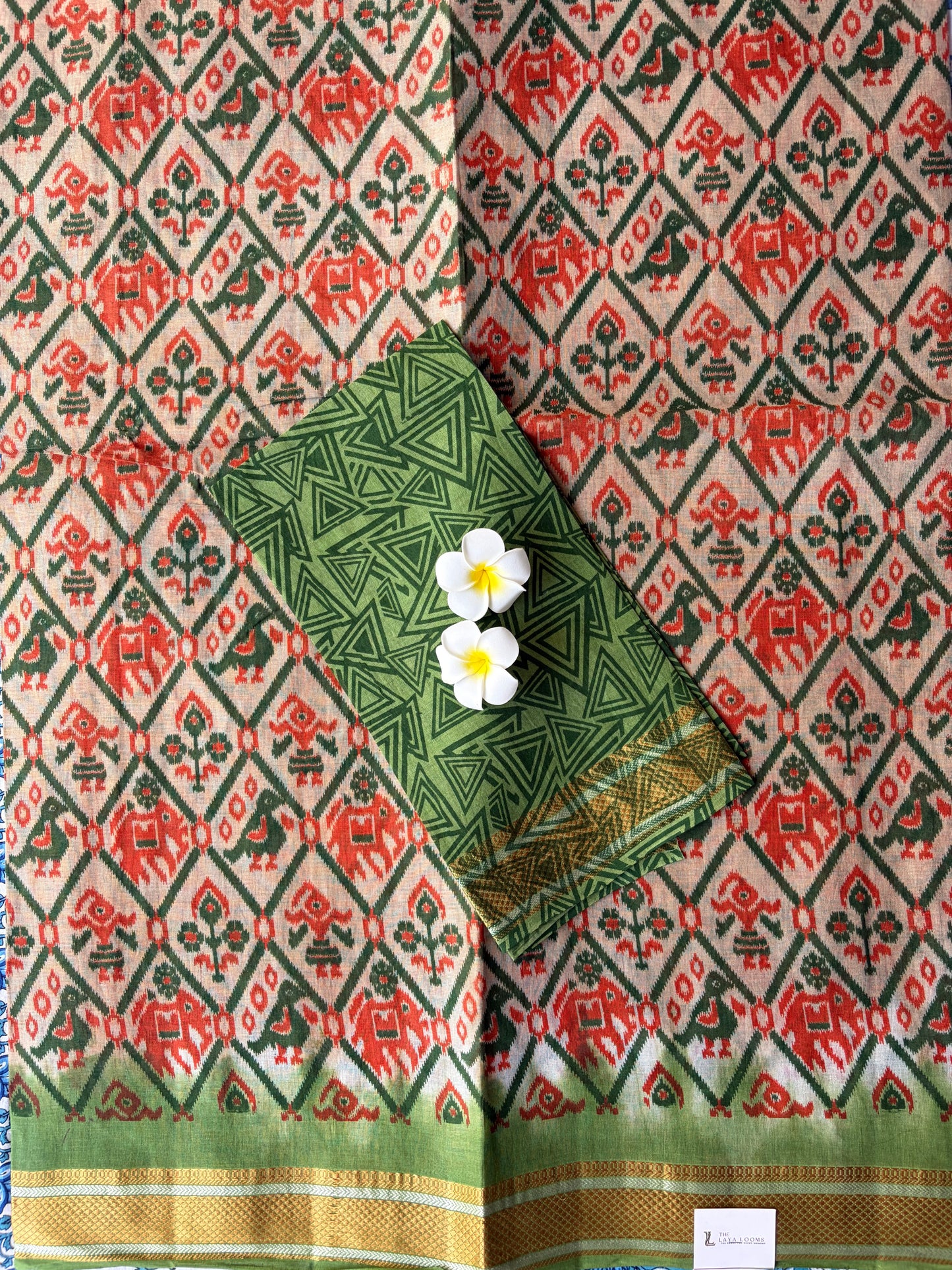 Pochampalli Cotton Saree Cream with Green Border| TLL600
