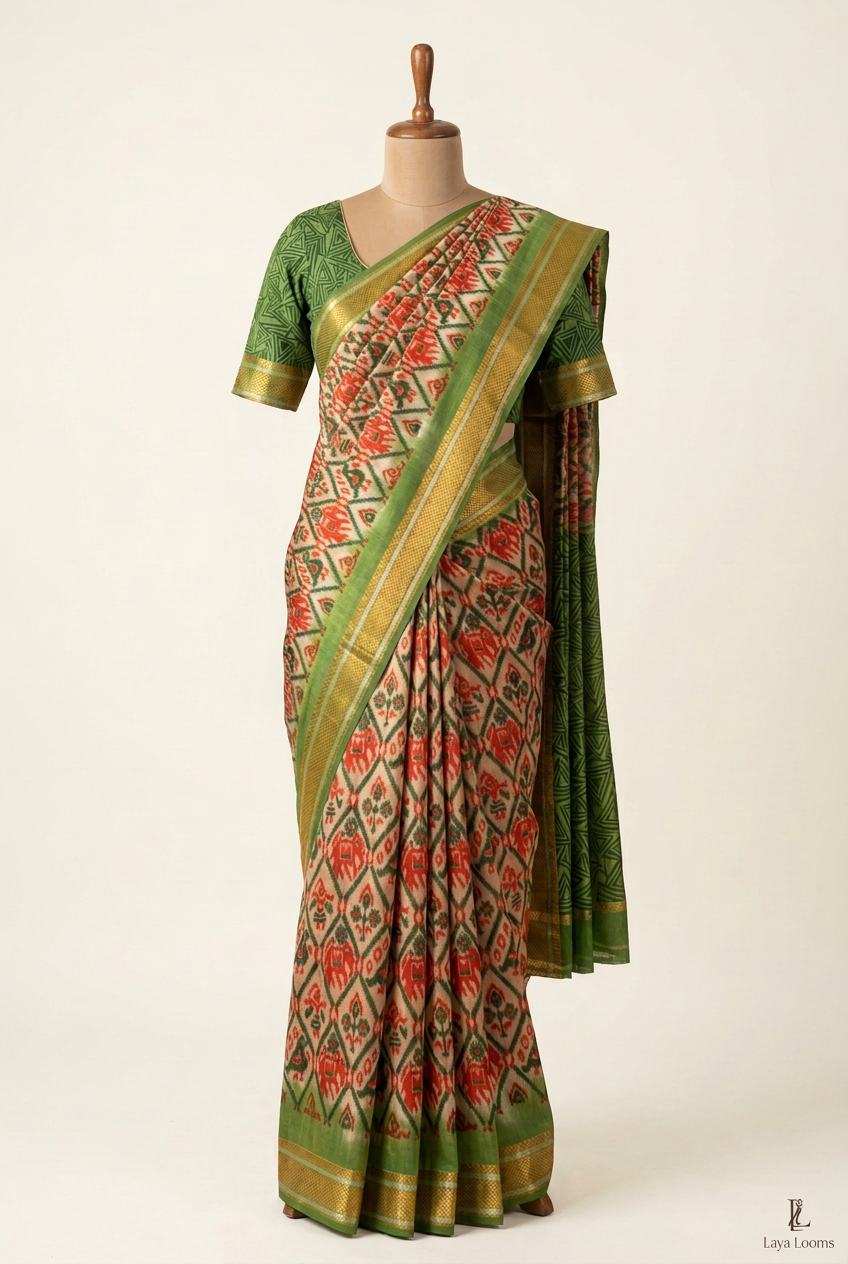 Pochampally Cotton Saree Cream with Green Border| TLL600