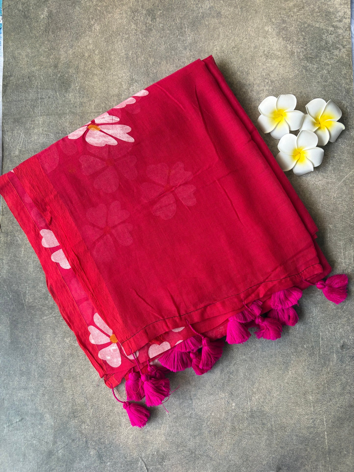 Mul Mul Cotton Saree Rani Pink Colour with Pink Tussels | TLL257
