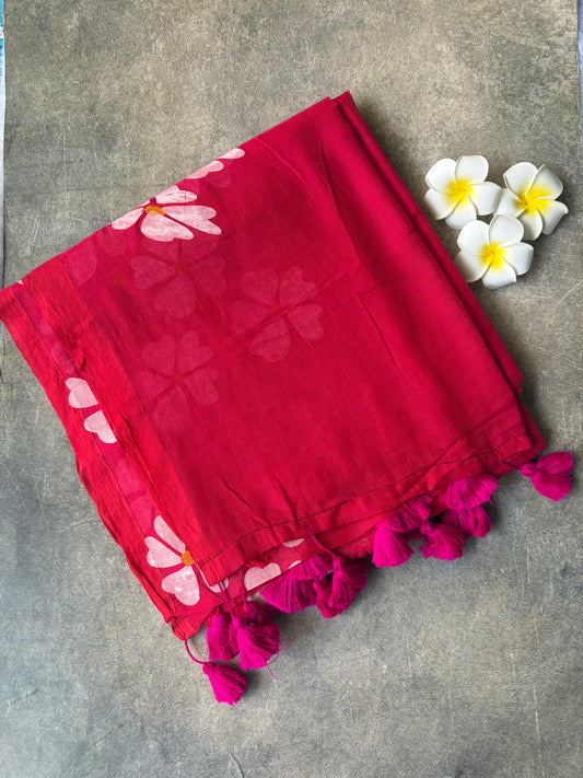 Mul Mul Cotton Saree Rani Pink Colour with Pink Tussels | TLL257