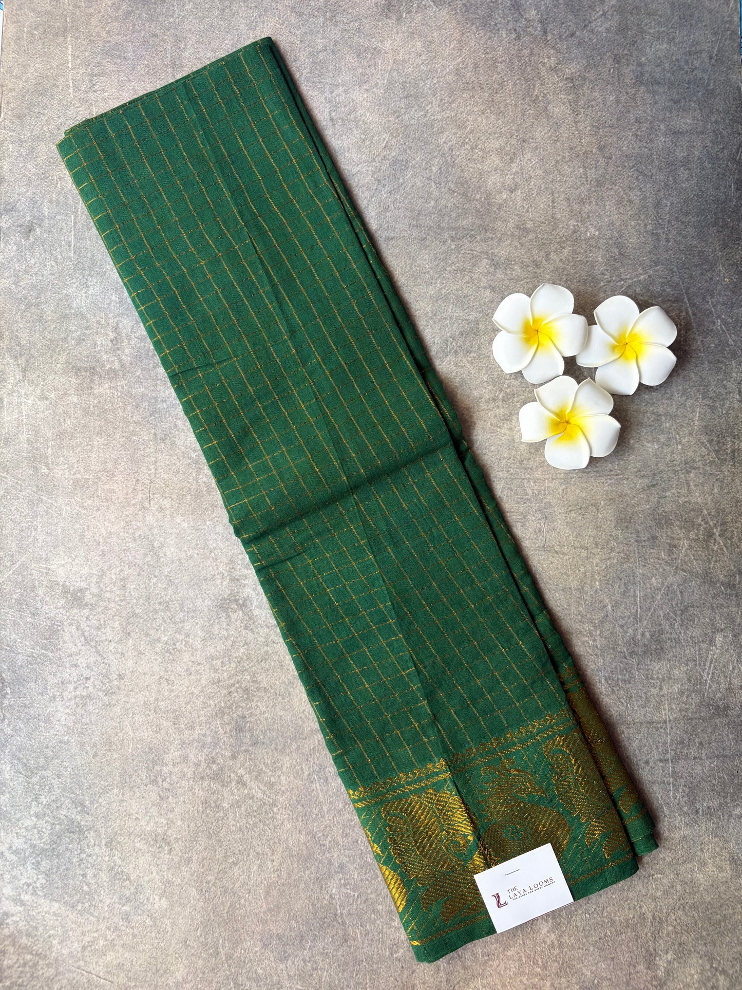 Dark Green Golden Checked Sungudi Cotton Blouse Piece | TLL243