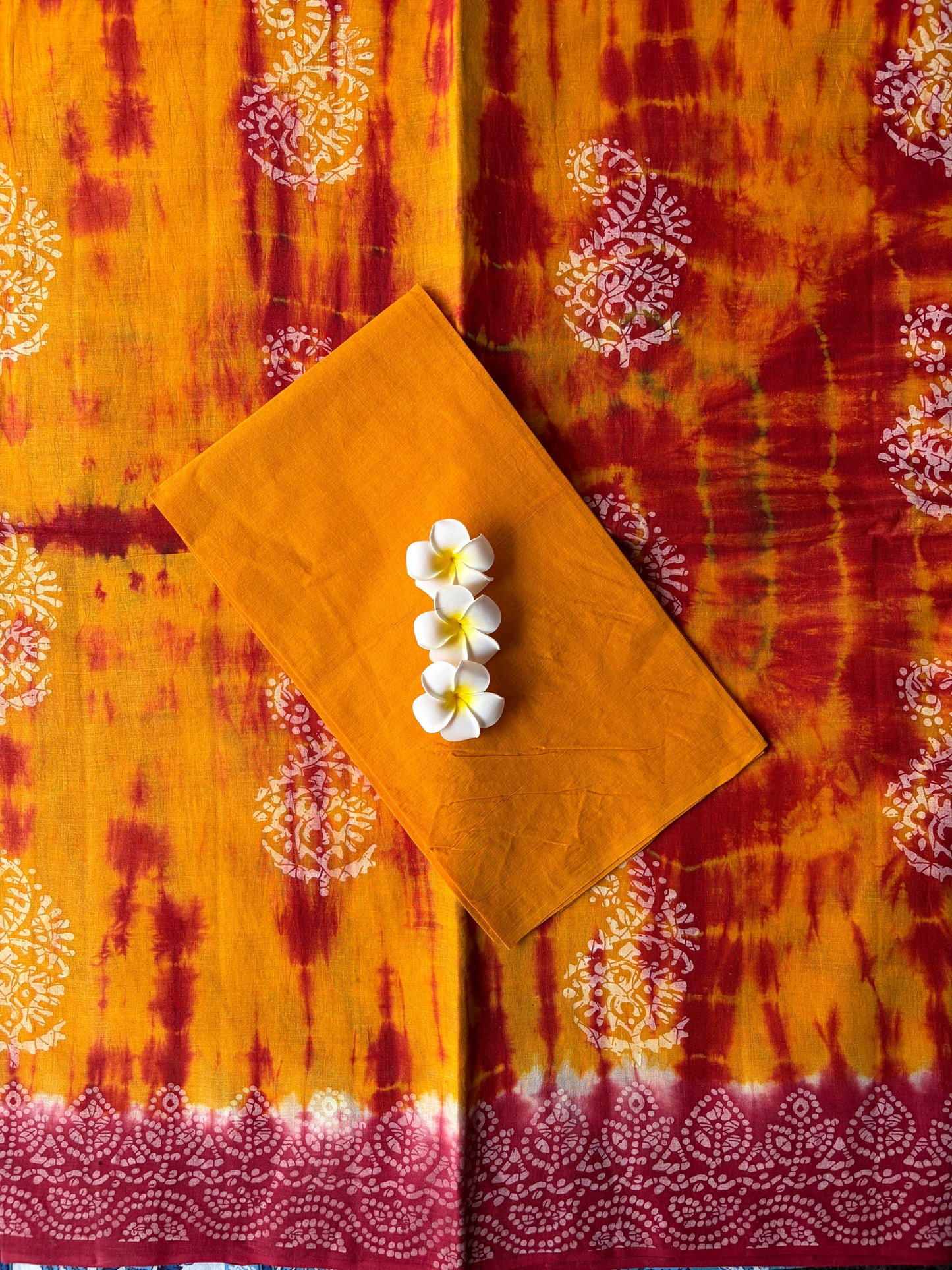 Red and Yellow tie-dye Shibori Cotton Saree | TLL575