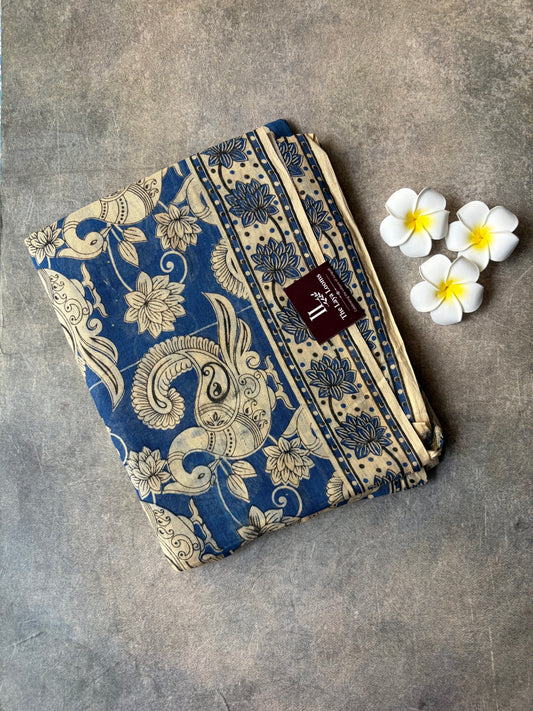 Kalamkari Mul Mul Cotton Saree Blue | TLL608