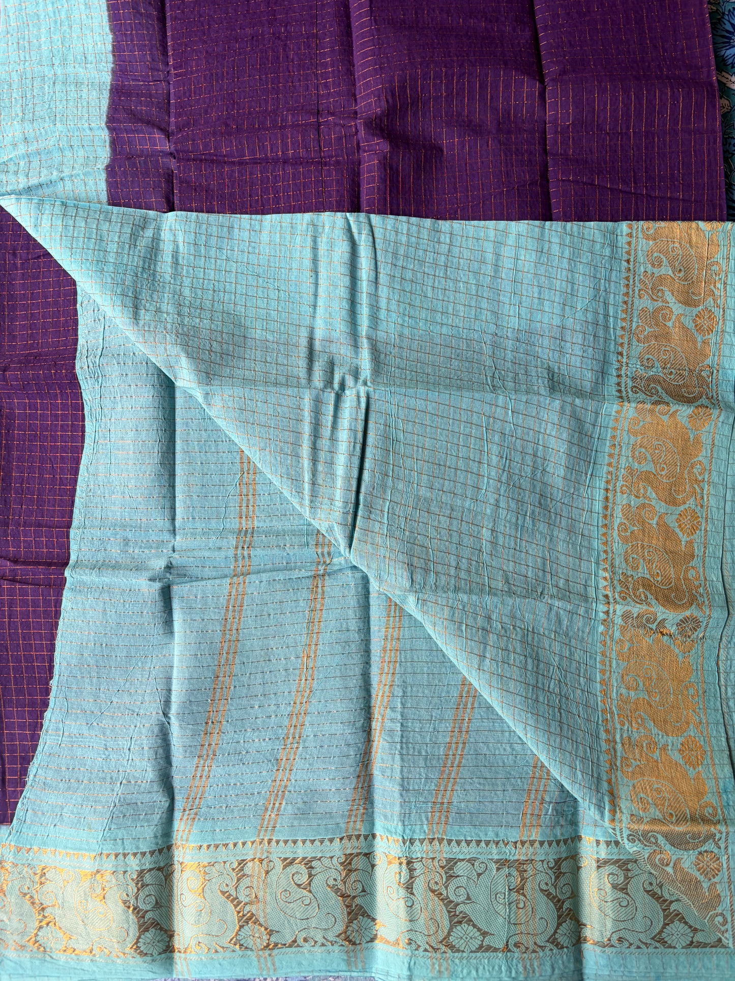 Golden checked blue Sungudi saree |TLL169