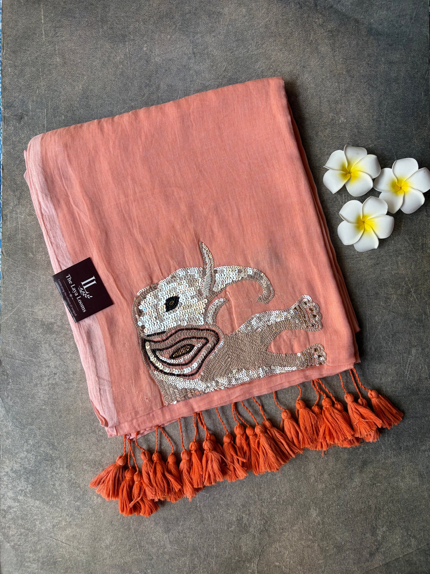 Elephant Hand Work Mul Mul Cotton Saree Peach | TLL522