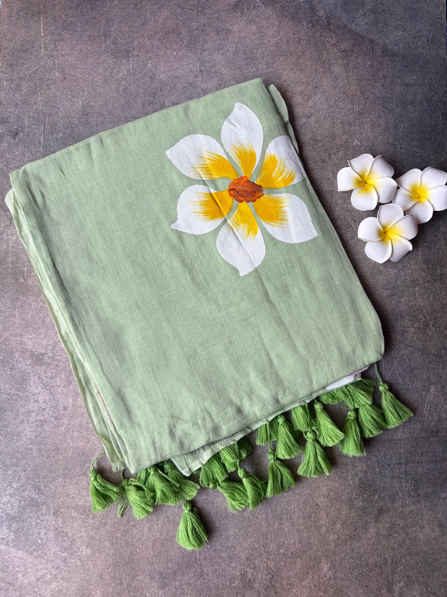 Hand Painted Mul Mul Cotton Saree Pista Green | TLL512
