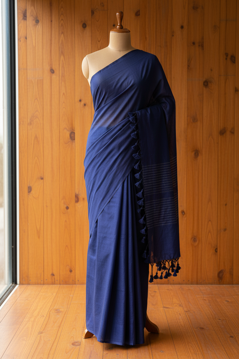 Dark Blue Plain Khadi Cotton Saree | TLL219