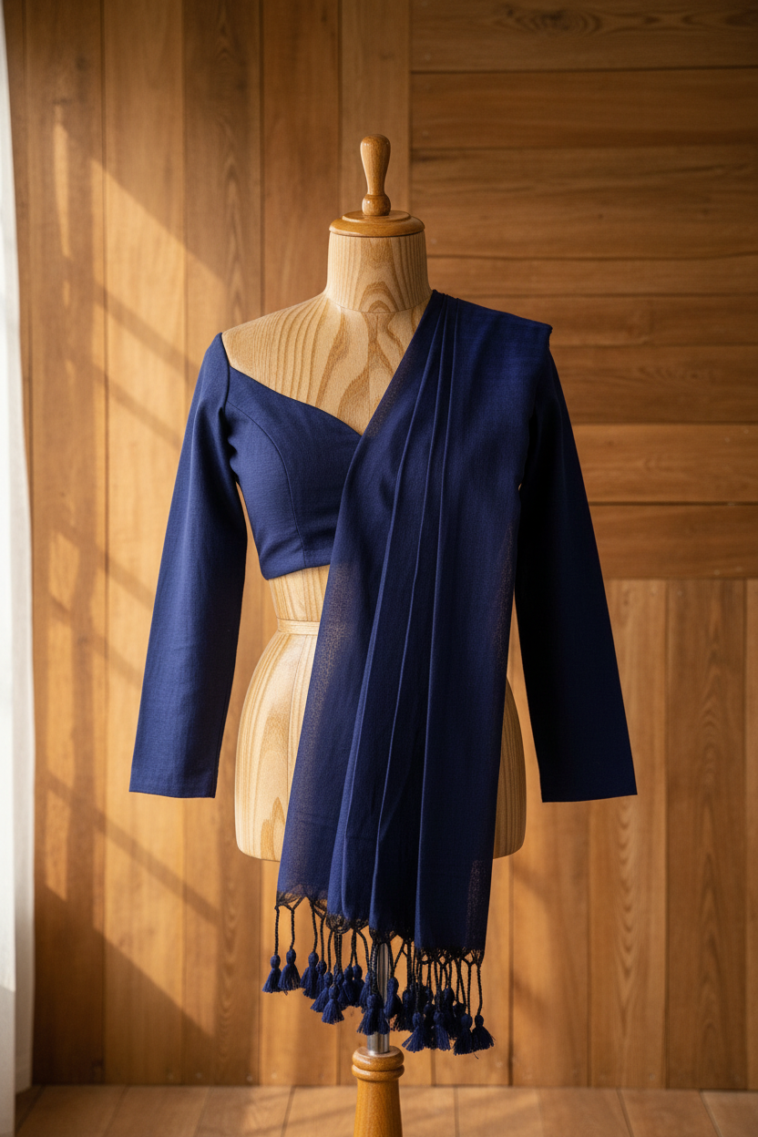 Dark Blue Plain Khadi Cotton Saree | TLL219