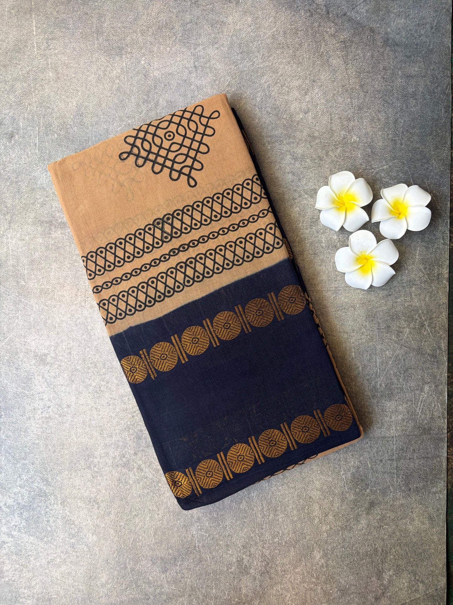 Kolam Printed Sungudi Cotton Saree Biscuit Colour | TLL402