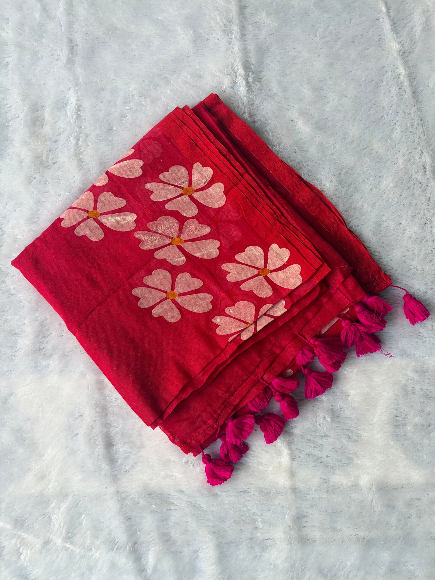 Mul Mul Cotton Saree Rani Pink Colour with Pink Tussels | TLL257