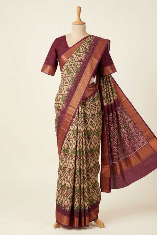 Pochampally Cotton Saree Cream with Maroon Border | TLL598