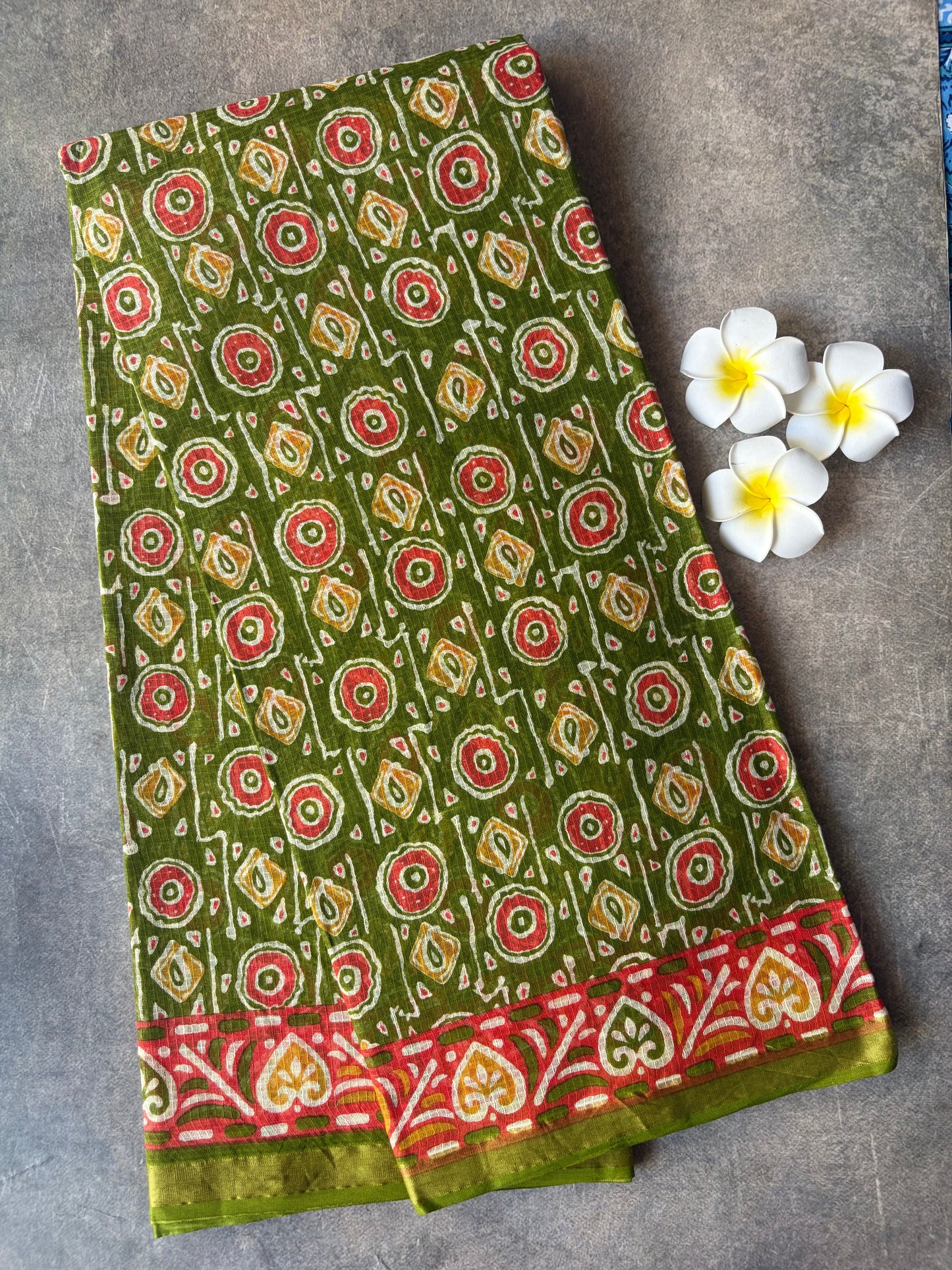 Olive Green Round Printed Kota Doria Cotton Saree | TLL571