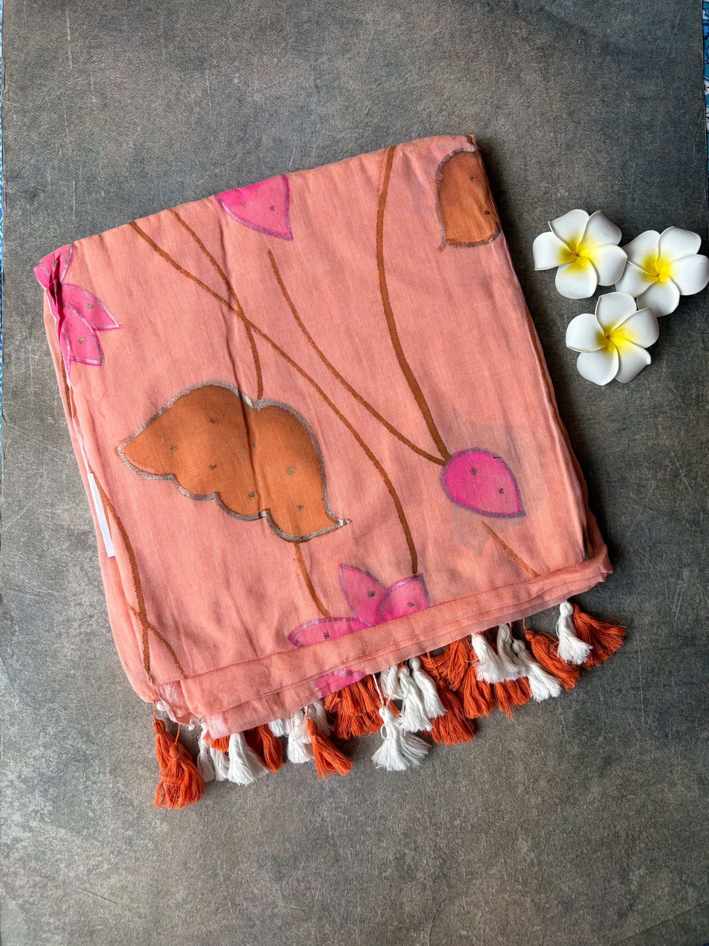 Hand Painted Mul Mul Cotton Saree peach | TLL518