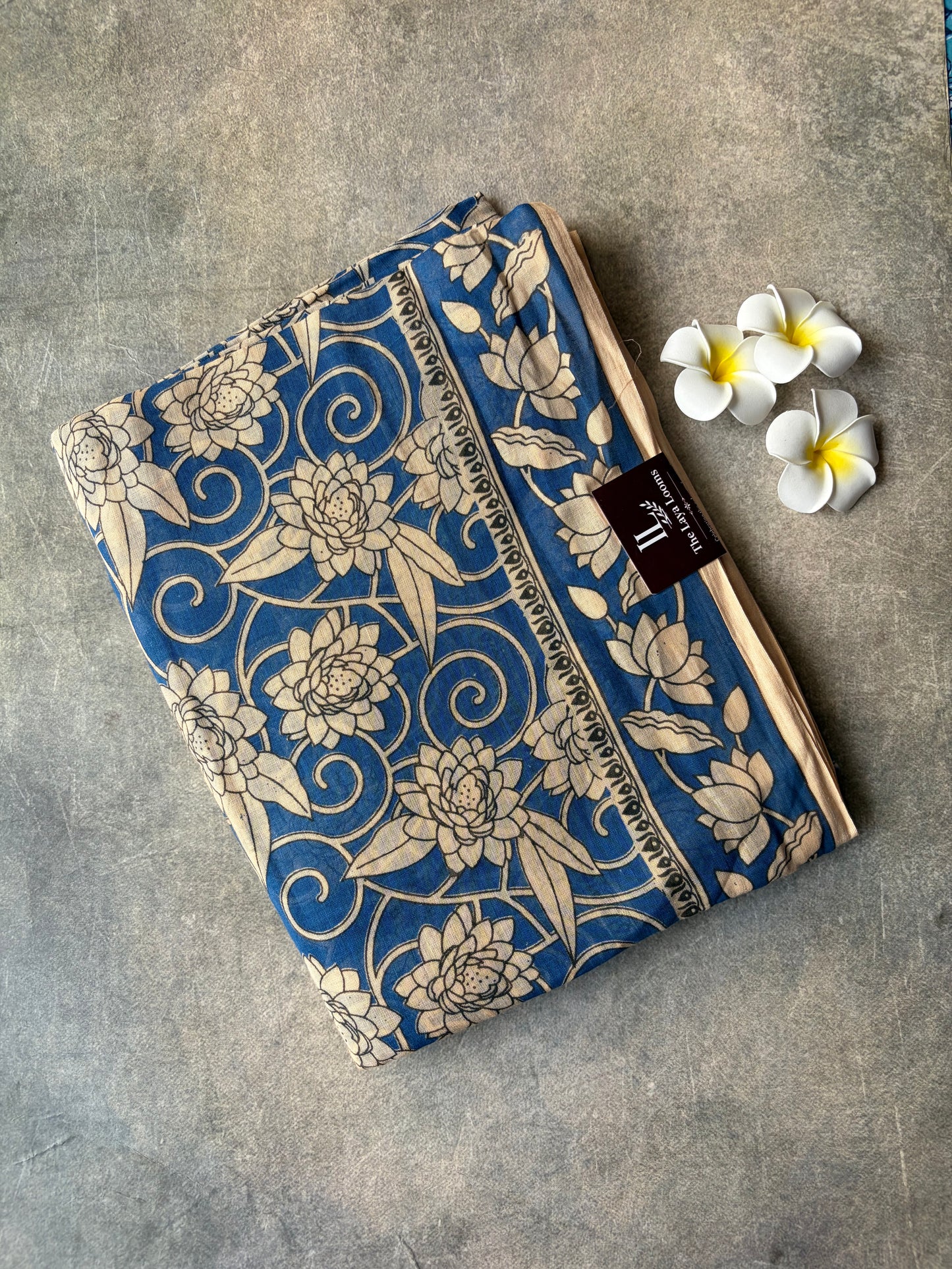 Kalamkari Mul Mul Cotton Saree Blue | TLL615