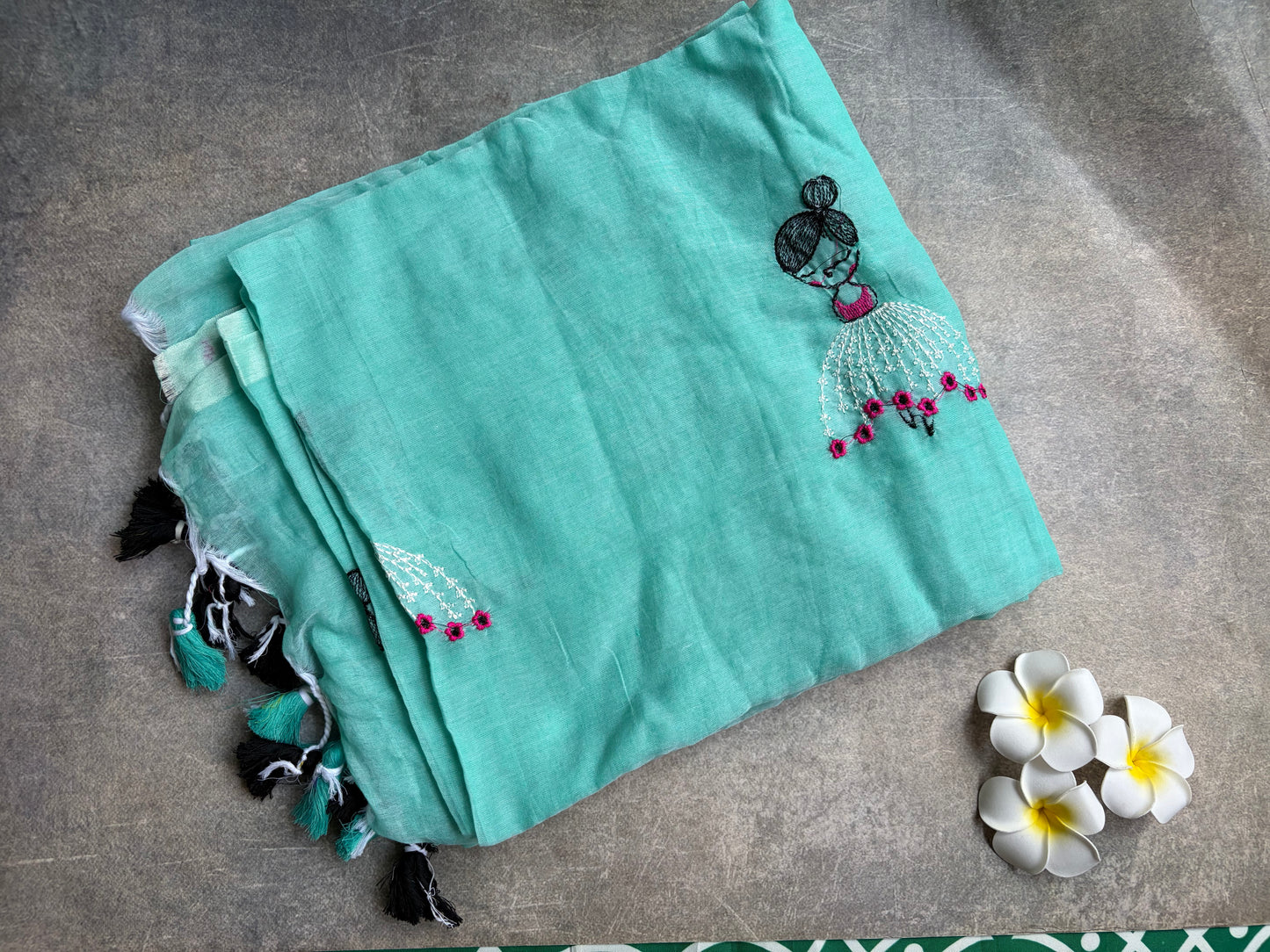 Mul Mul Cotton Saree | Sky Blue with Tassels & Doll Embroidery