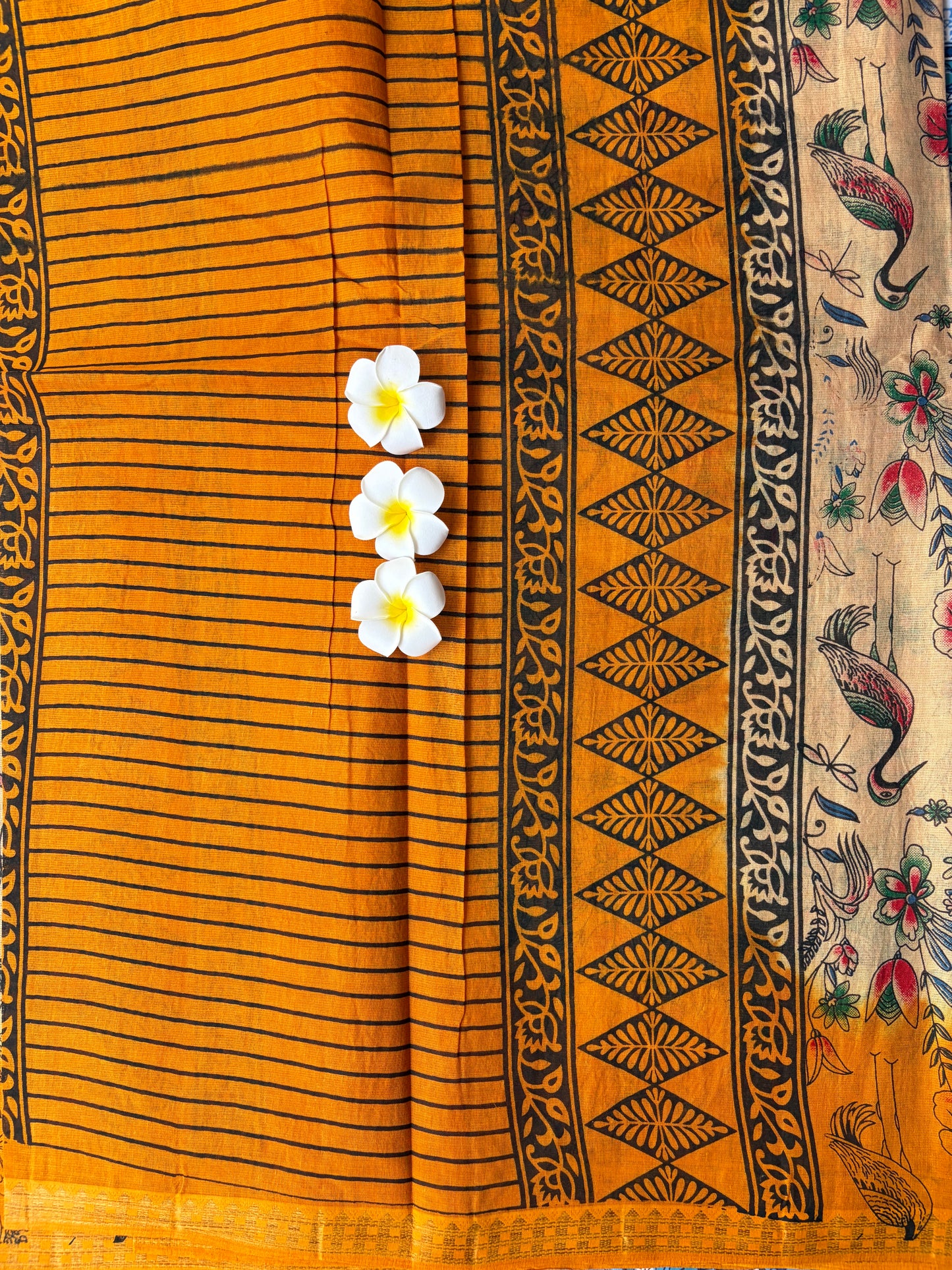 Kalamkari Cotton Saree Cream with Yellow Border | TLL595