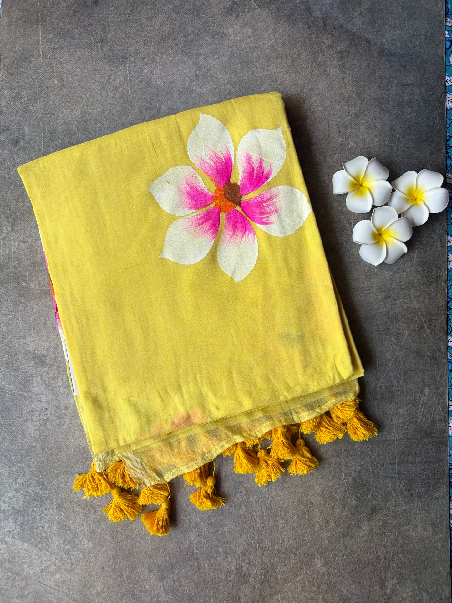 Hand Painted Mul Mul Cotton Saree Bright Yellow | TLL511