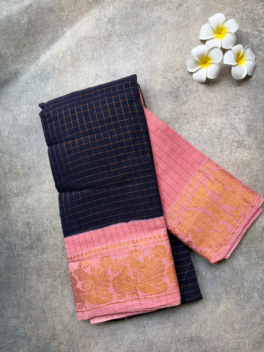 Checked Sungudi | rose milk pink border with dark navy blue