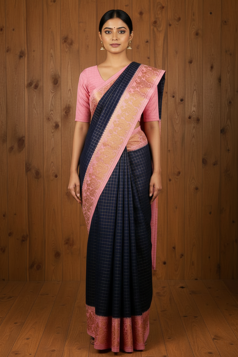 Checked Sungudi | rose milk pink border with dark navy blue |  TLL159