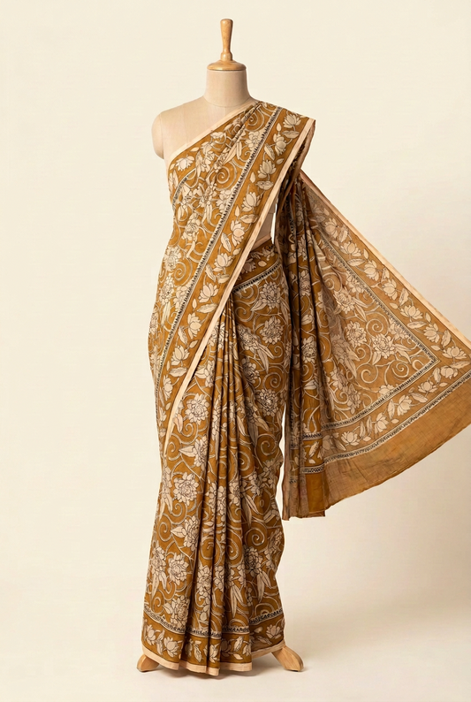 Kalamkari Mul Mul Cotton Saree Mustard Yellow | TLL616