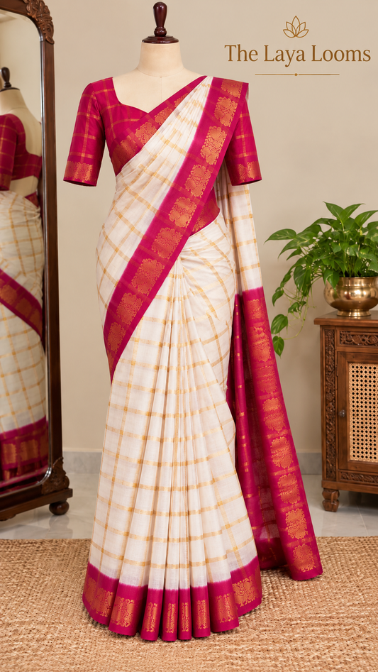 Kattam Sungudi Cotton Saree White With Pink Border | TLL679