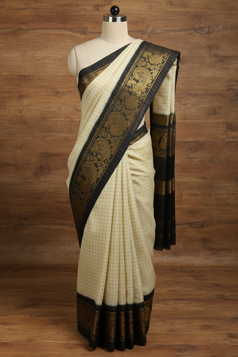 Golden zari checked White and Black Border sungudi saree