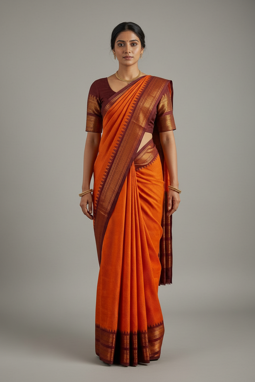Kanchi Cotton Saree Orange colour with Brown Border| TLL189