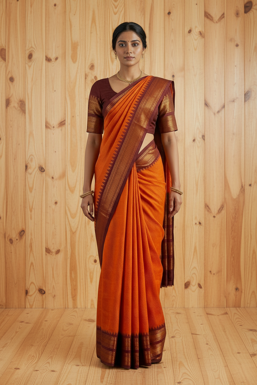 Woman wearing an orange and brown saree against a plain background