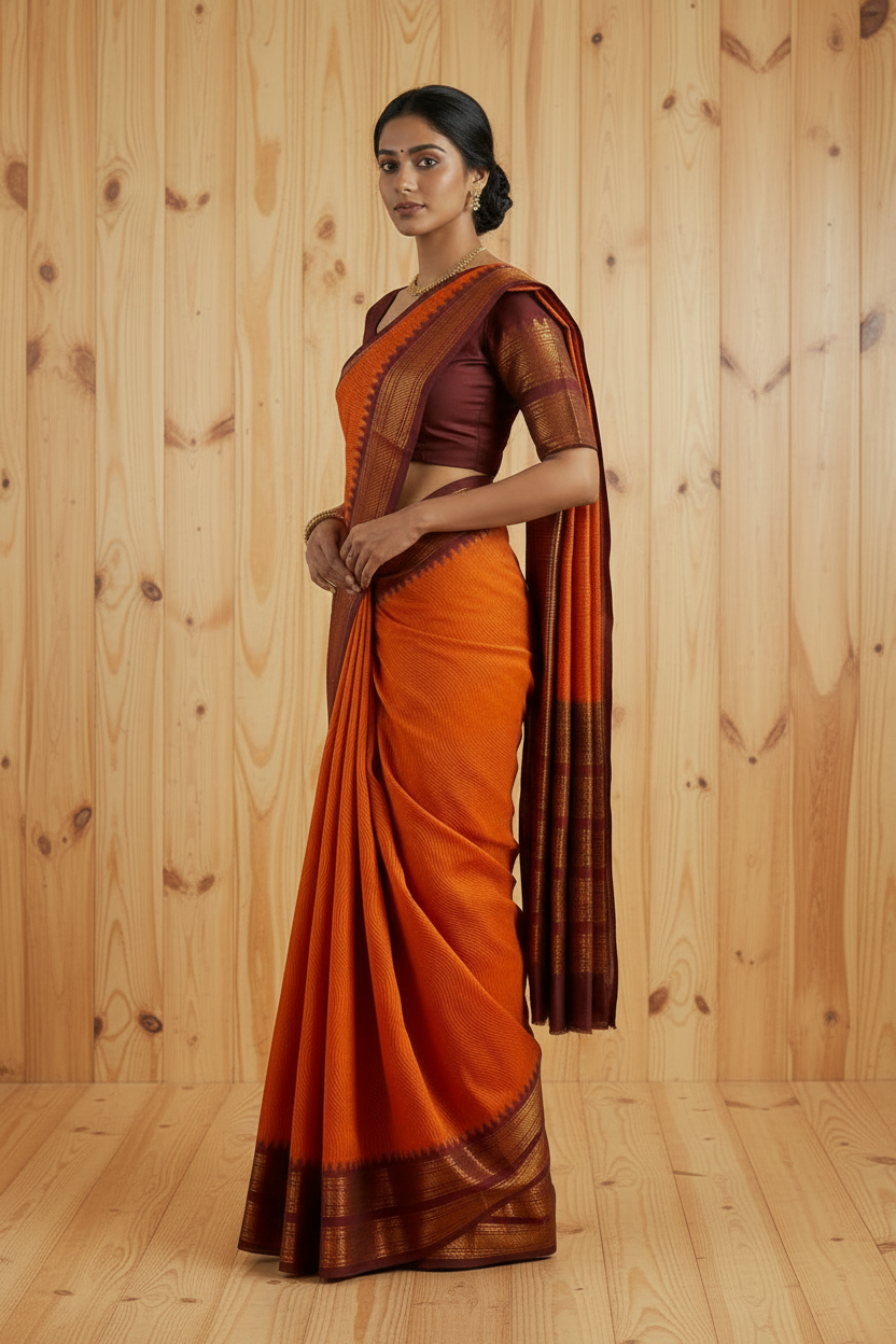 Kanchi Cotton Saree Orange colour with Brown Border| TLL189