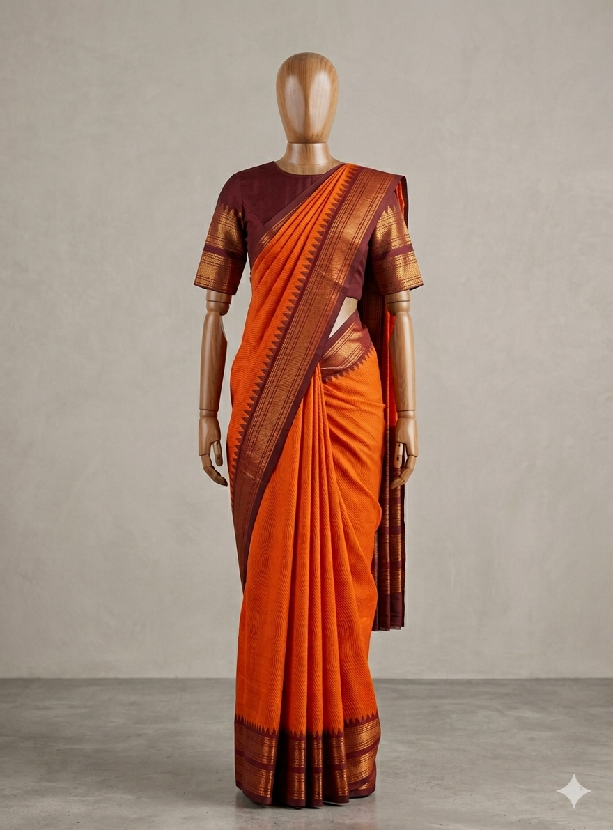 Kanchi Cotton Saree Orange colour with Brown Border| TLL189