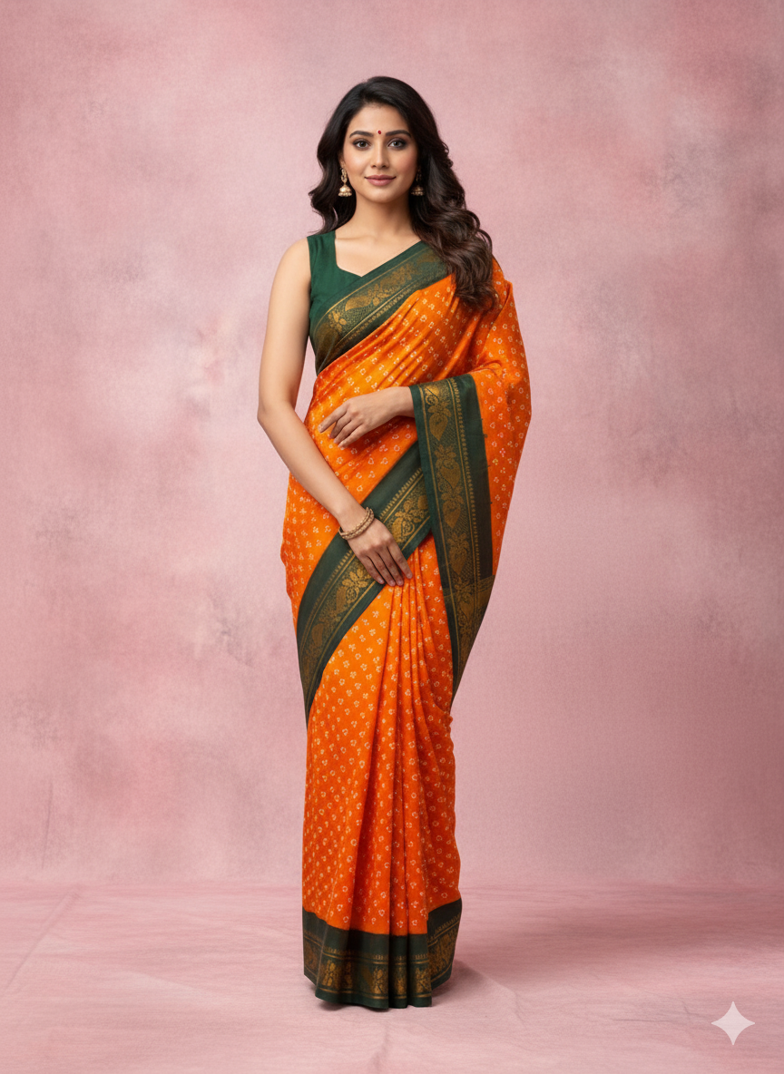 Authentic Soft Sungudi Cotton Saree – 3 Pulli (Orange Body with Green Border)
