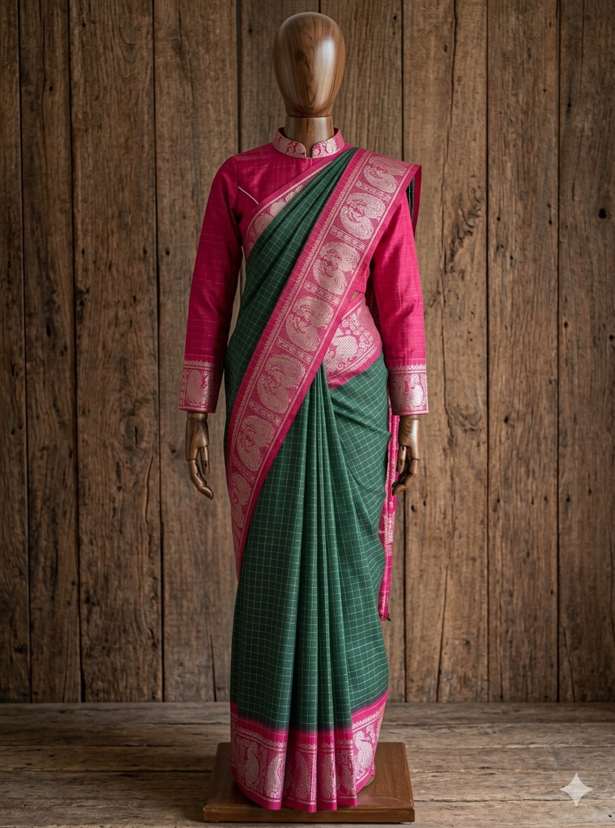Sungudi saree Silver Zari Checked Green Saree with Rani Pink Blouse | TLL004