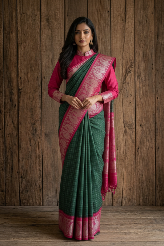 Sungudi saree Silver Zari Checked Green Saree with Rani Pink Blouse