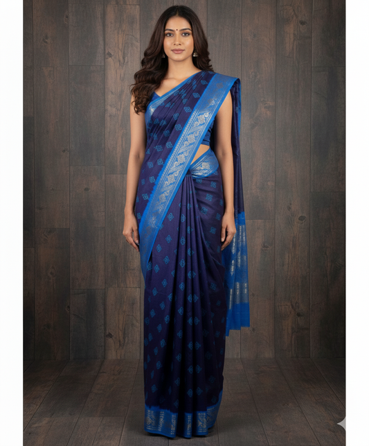 Authentic Soft Sungudi Cotton Saree – Navy Blue with Blue Floral Motifs & Blue Border