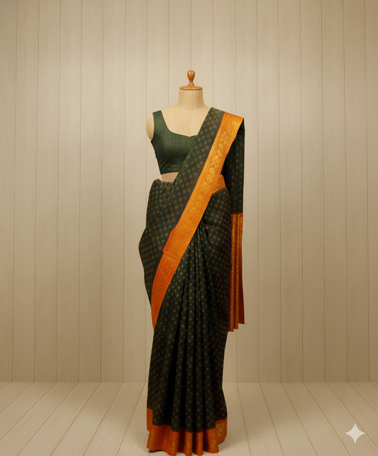 Authentic Soft Sungudi Cotton Saree – 3 Pulli (Meghandhi Green Body with Orange Border)