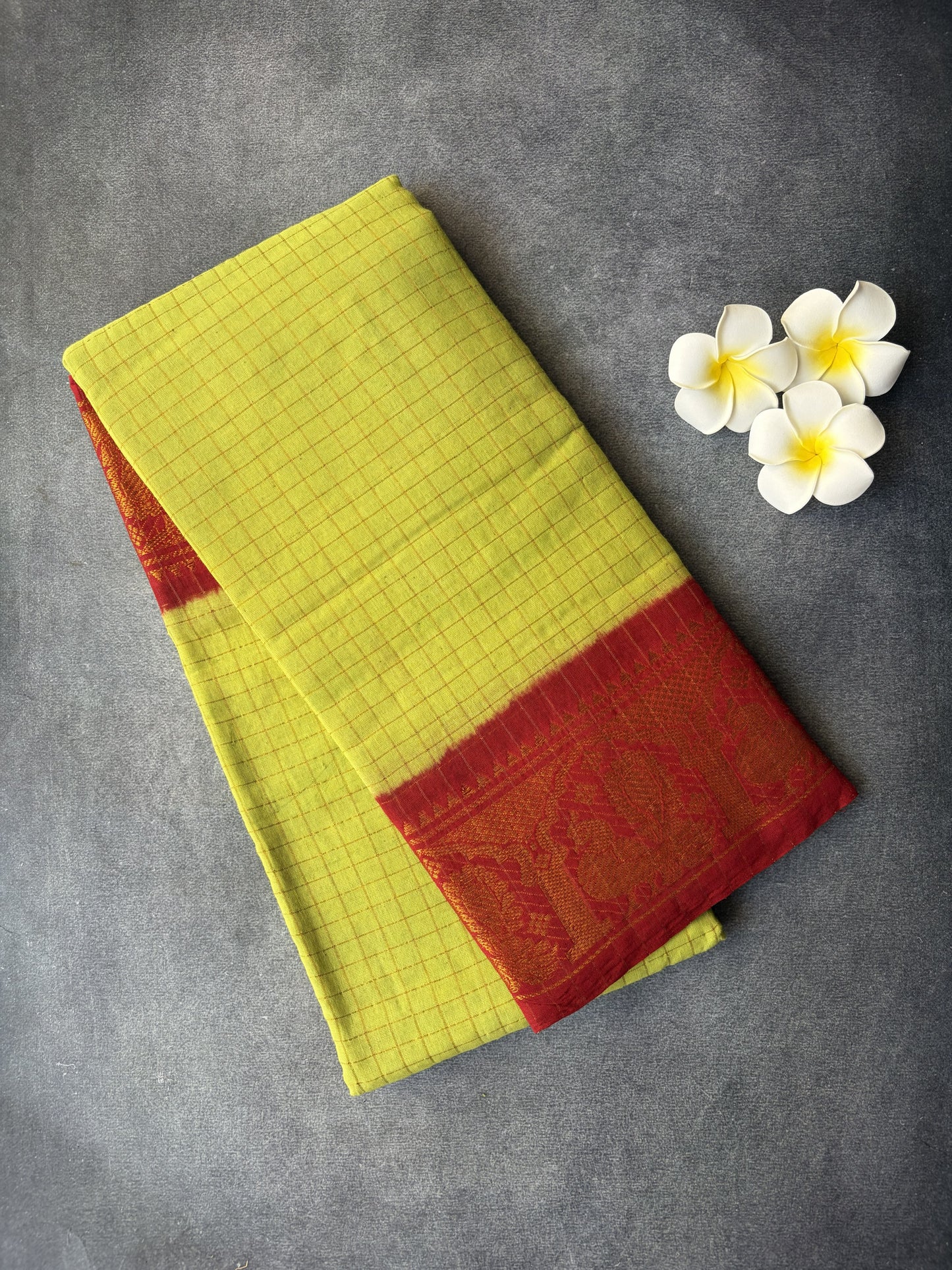 Madurai Sungudi Cotton Saree | Lemon Yellow with Red Border | Running Blouse | TLL168