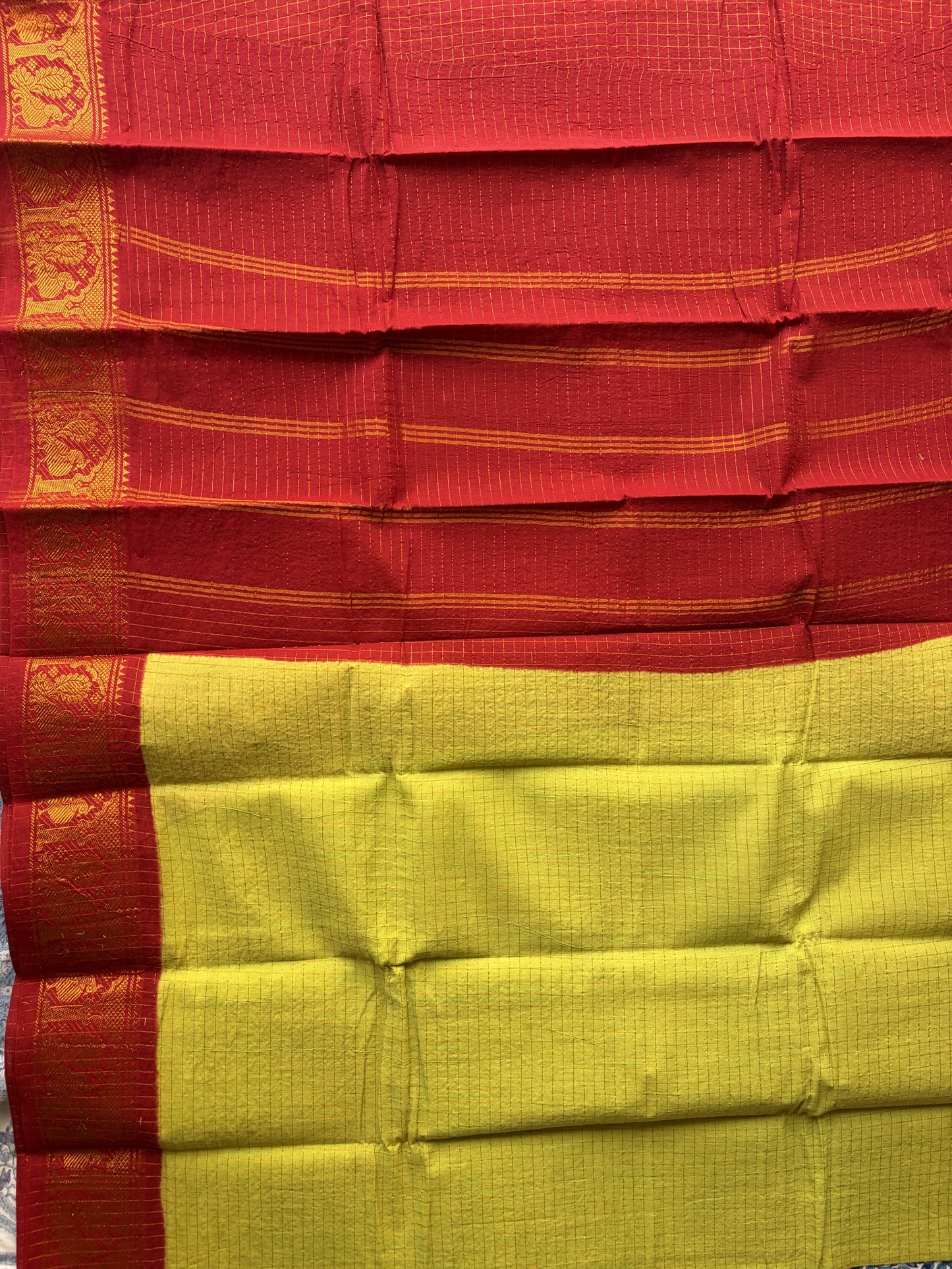 Madurai Sungudi Cotton Saree | Lemon Yellow with Red Border | Running Blouse | TLL168