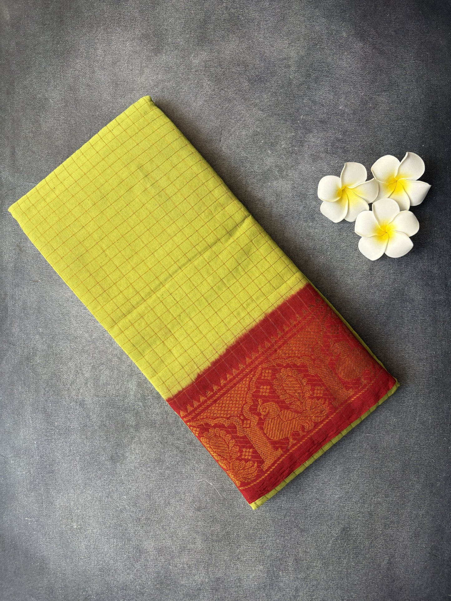 Golden Checked madurai Sungudi Lemon yellow with red