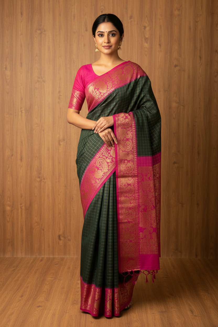 Golden Checked Sungudi Dark Green