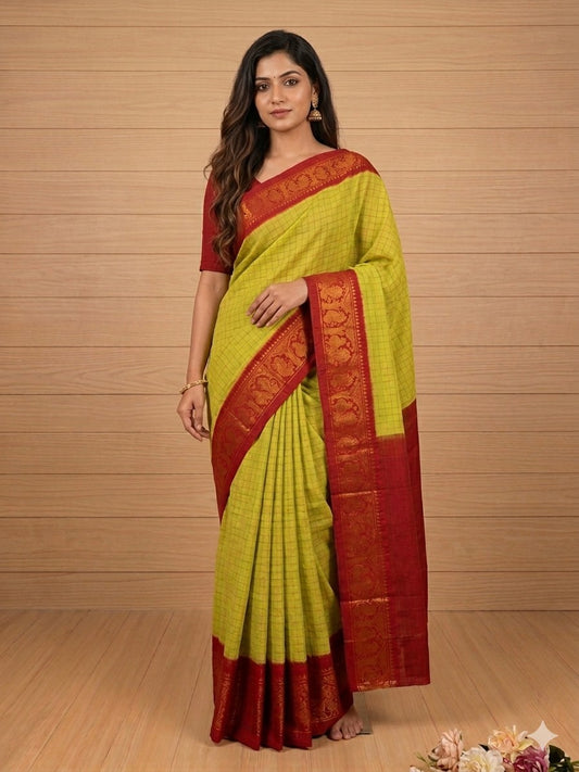 Madurai Sungudi Cotton Saree | Lemon Yellow with Red Border | Running Blouse