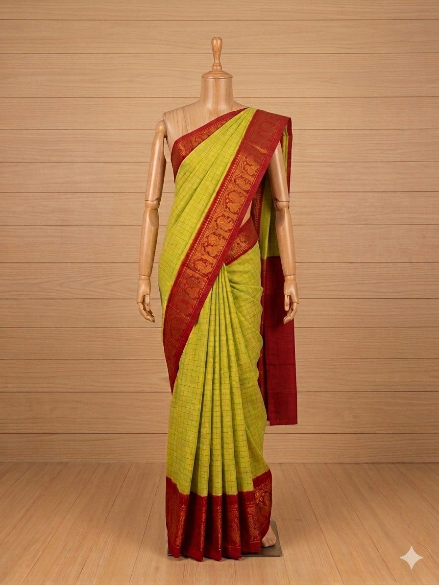 Madurai Sungudi Cotton Saree | Lemon Yellow with Red Border | Running Blouse | TLL168