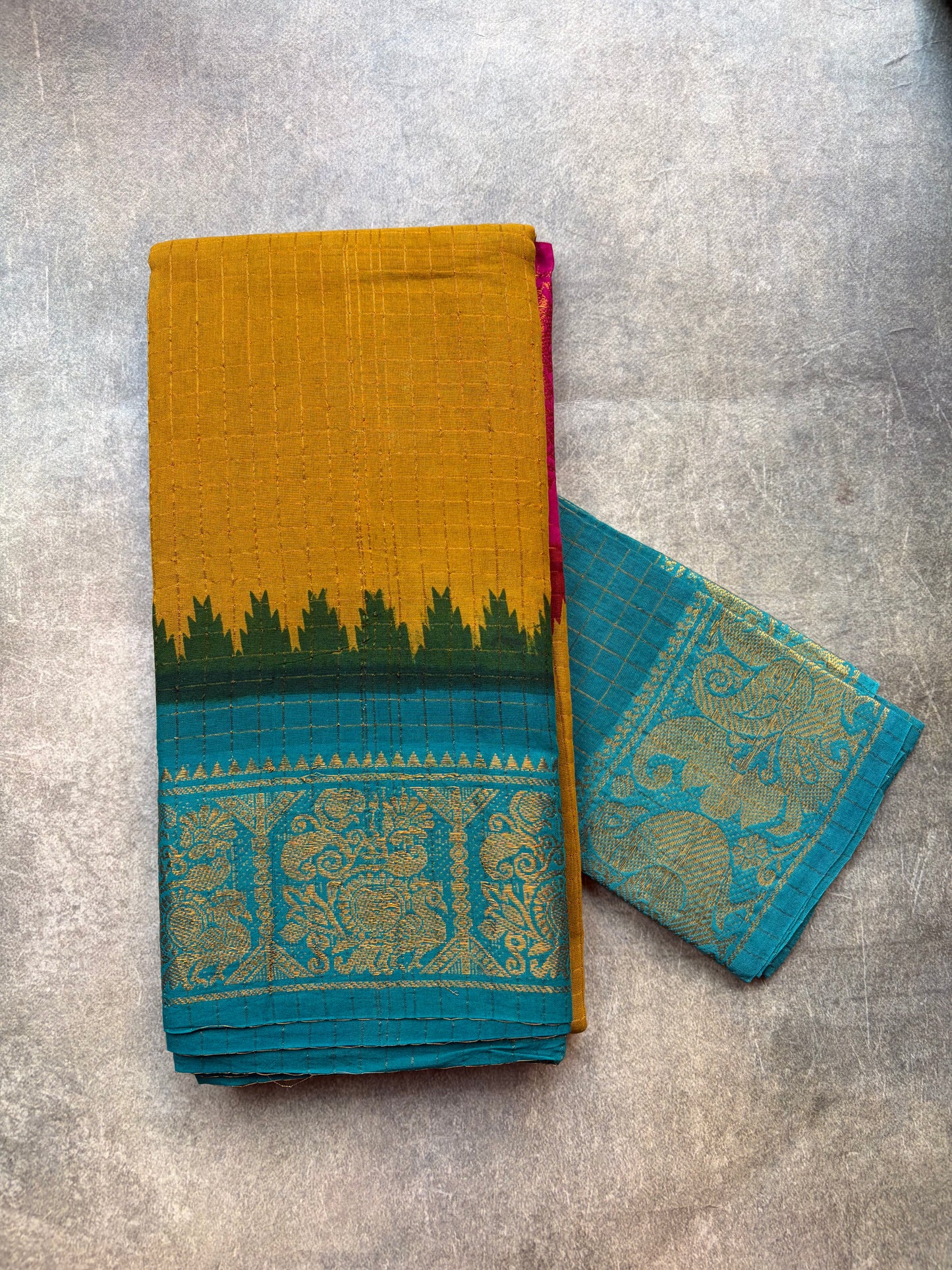 Ganga Jamuna | venthaya colour with pink and teal blue border