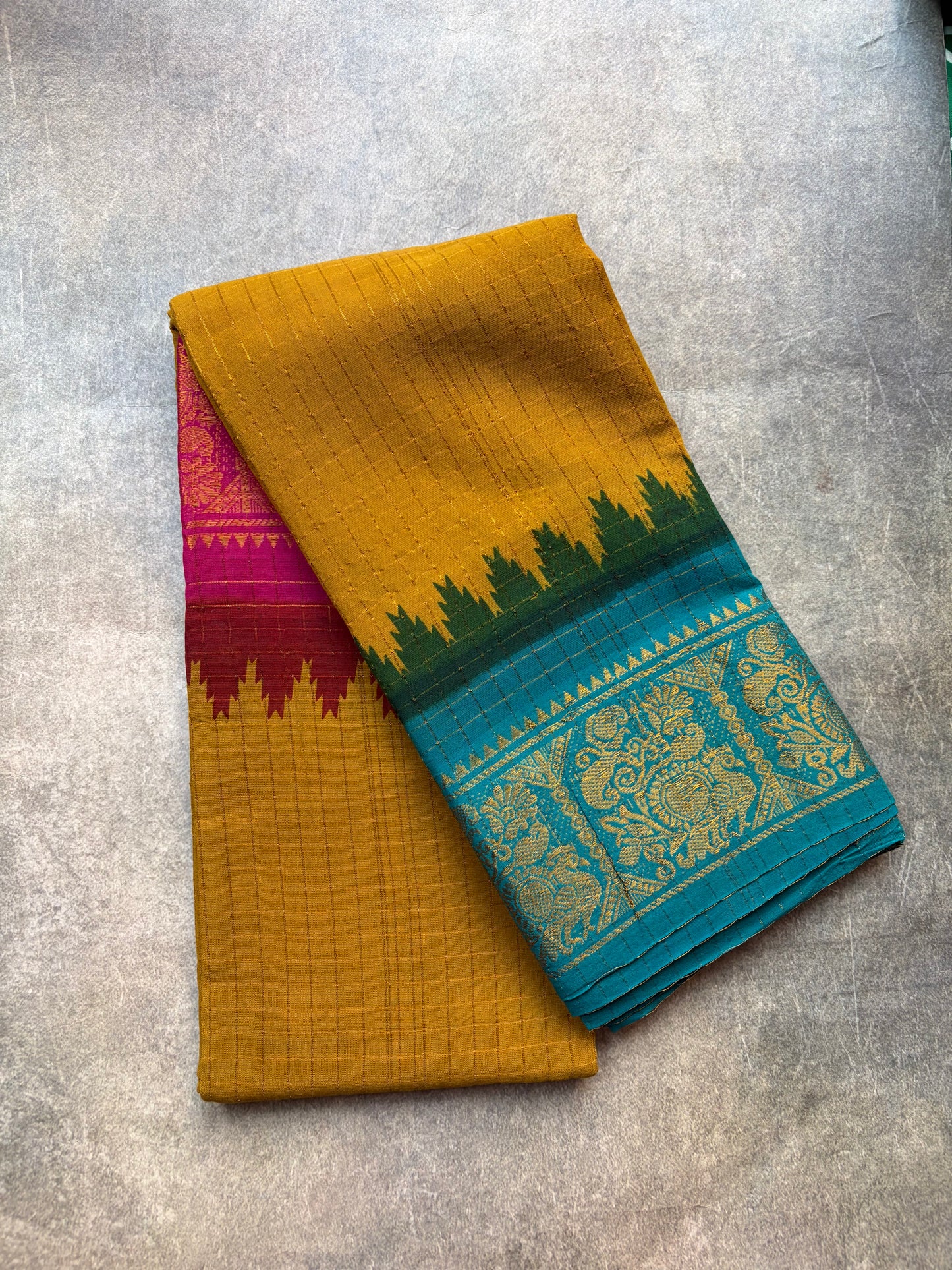 Ganga Jamuna | venthaya colour with pink and teal blue border