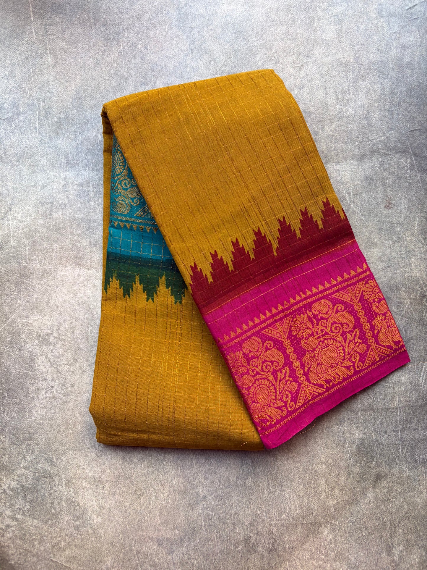 Ganga Jamuna | venthaya colour with pink and teal blue border