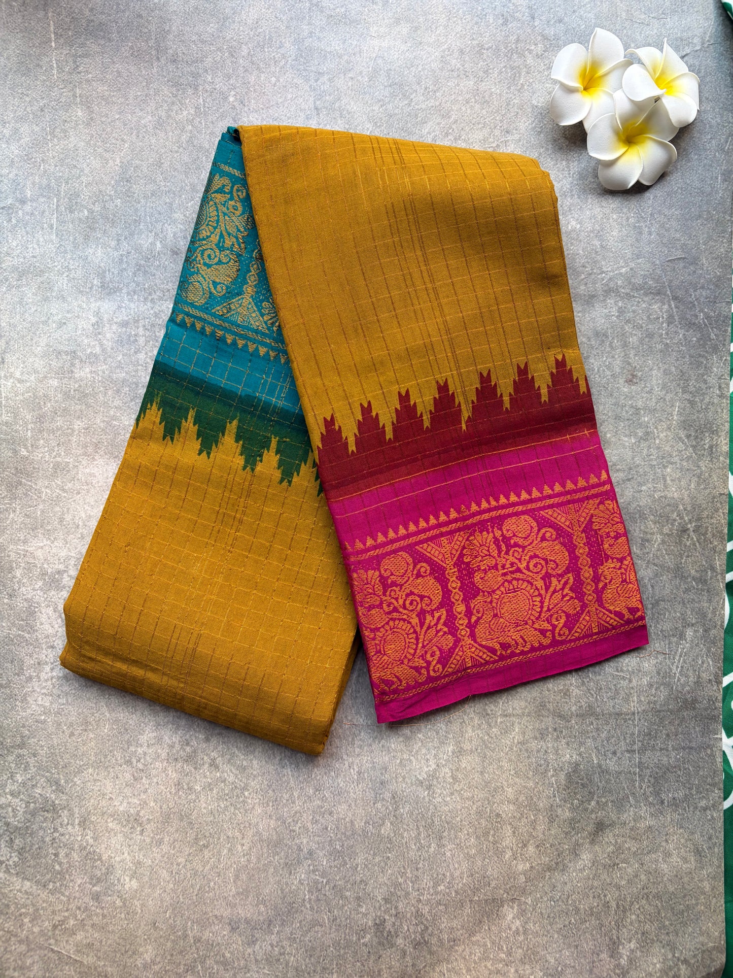 Ganga Jamuna | venthaya colour with pink and teal blue border