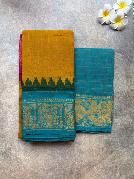 Ganga Jamuna | venthaya colour with pink and teal blue border