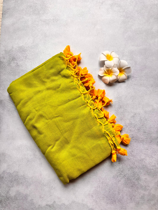 Plain Kadhi Cotton Saree in Parrot Green with Orange Tassels | The Laya Looms