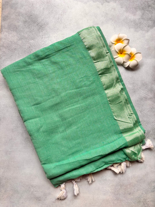 Plain 120 Count Kadhi Cotton Saree in Sky Blue with White Tassels | The Laya Looms