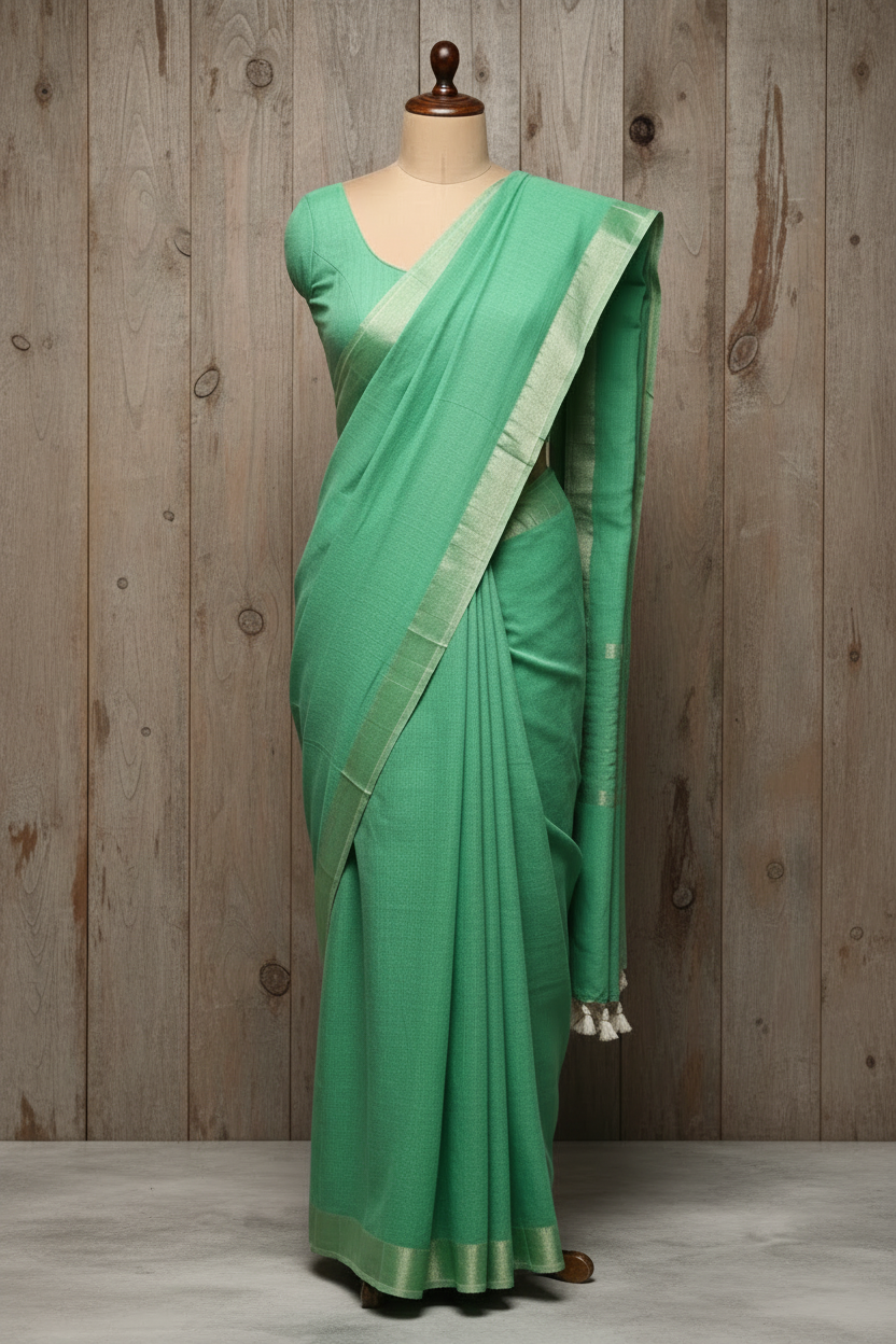 Plain 120 Count Kadhi Cotton Saree in Sky Blue with White Tassels | The Laya Looms |  TLL070